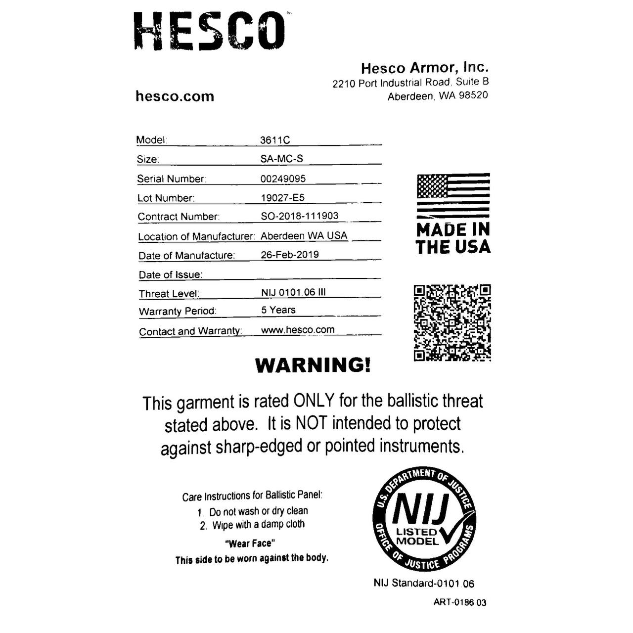 Hesco 3611C Level III+ Armor Plate Size Small SA-MC-S NIJ Certified Multi Curve