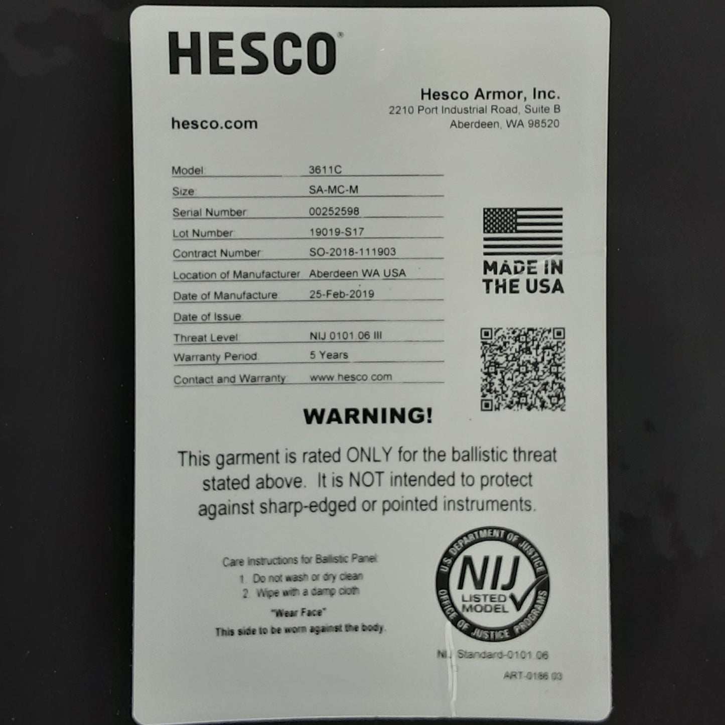 Hesco 3611C Level III+ Armor Plate Size Medium SA-MC-M NIJ Certified Multi Curve