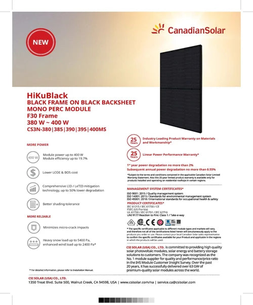 Canadian Solar HiKu 390W Monocrystalline Solar Panel – CS3N-390MS Lot of 24
