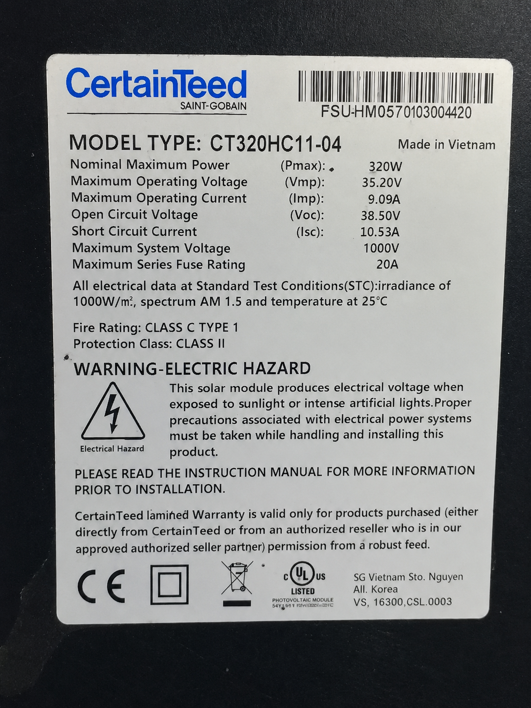 Lot of (5) CertainTeed CT320HC11-04 320W Solar Panels