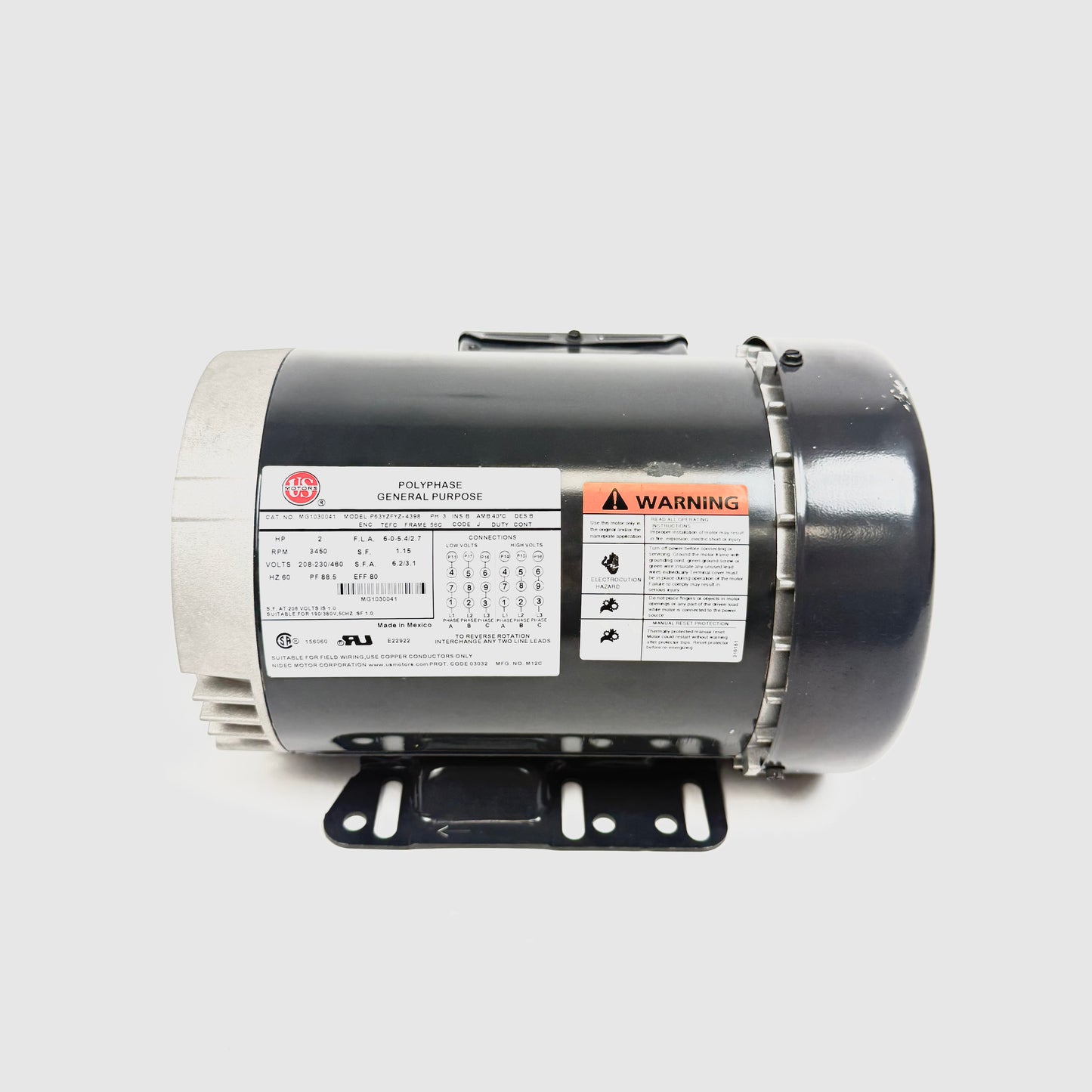 US Motors 2 HP 3-Phase Electric Motor MG1030041, 3450 RPM, 208-230/460V