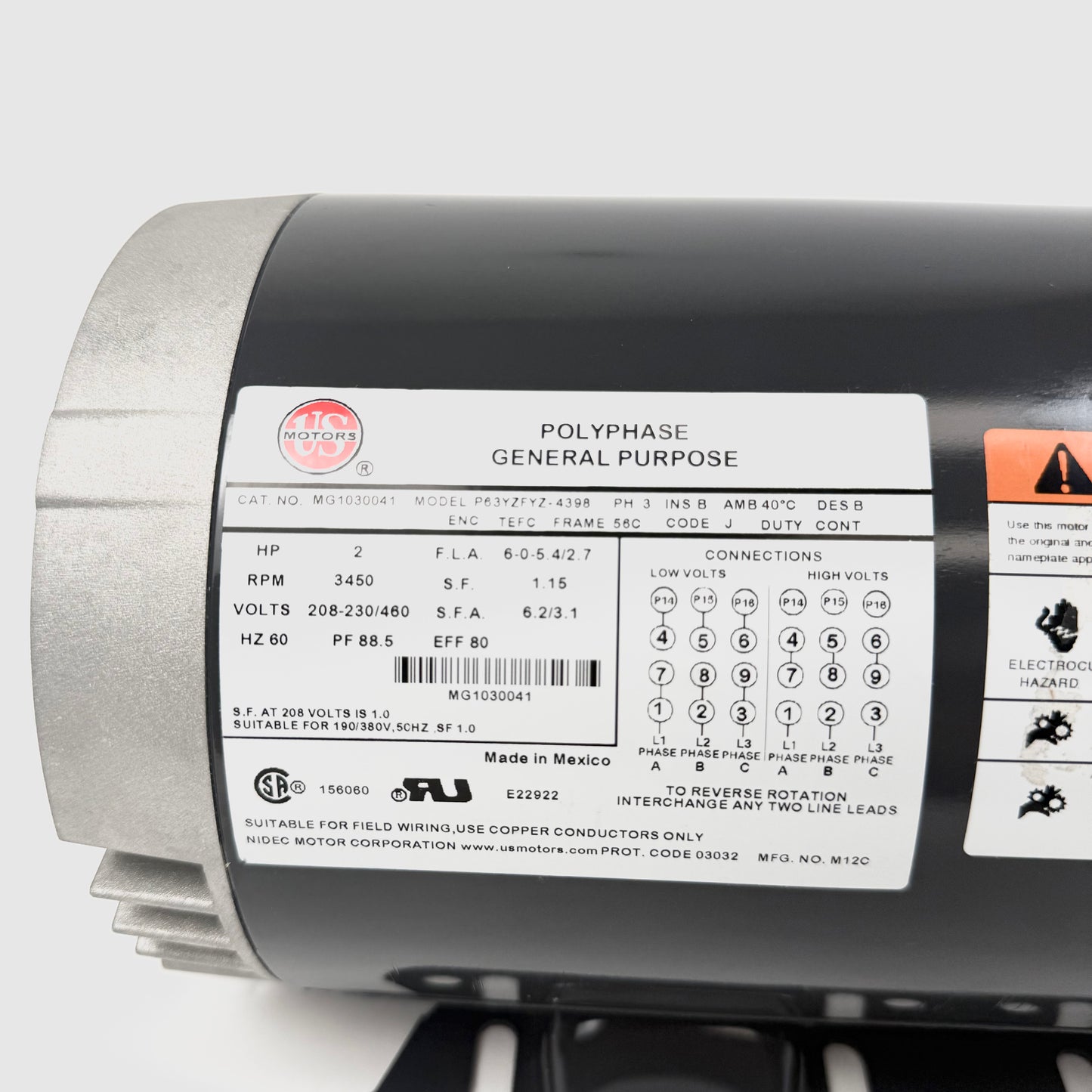 US Motors 2 HP 3-Phase Electric Motor MG1030041, 3450 RPM, 208-230/460V