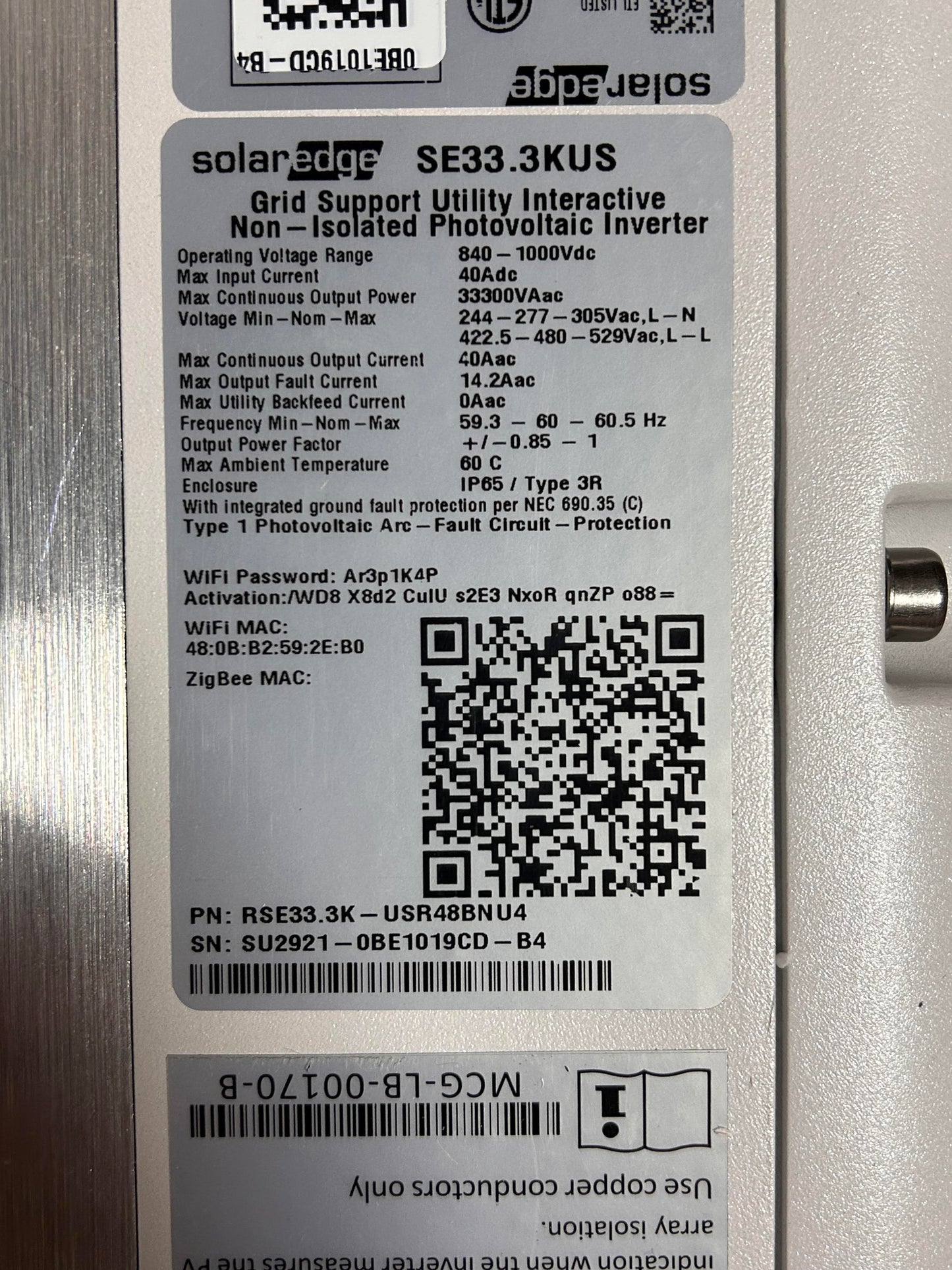 SOLAREDGE SE33.3KUS 3-PHASE INVERTER 277/408VAC USR48BNU4