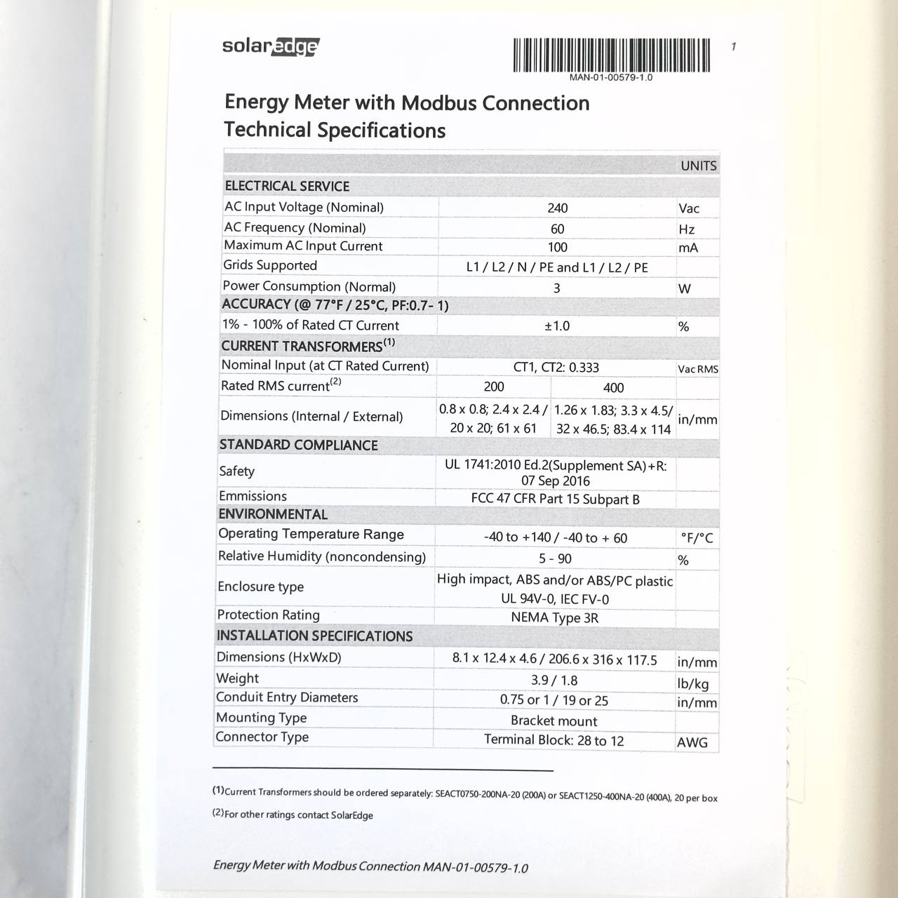 SolarEdge SE-MTR240-NN-S-S1 1Phase 240V Energy Meter