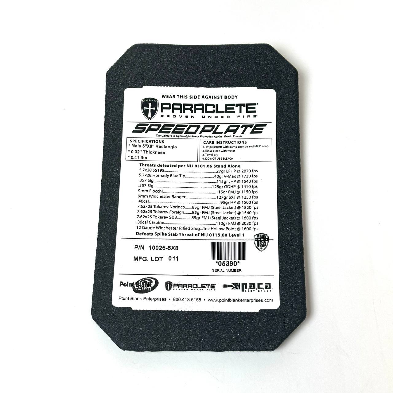 Paraclete Speed Plate 5"x 8" by Point Blank Body Armor Insert