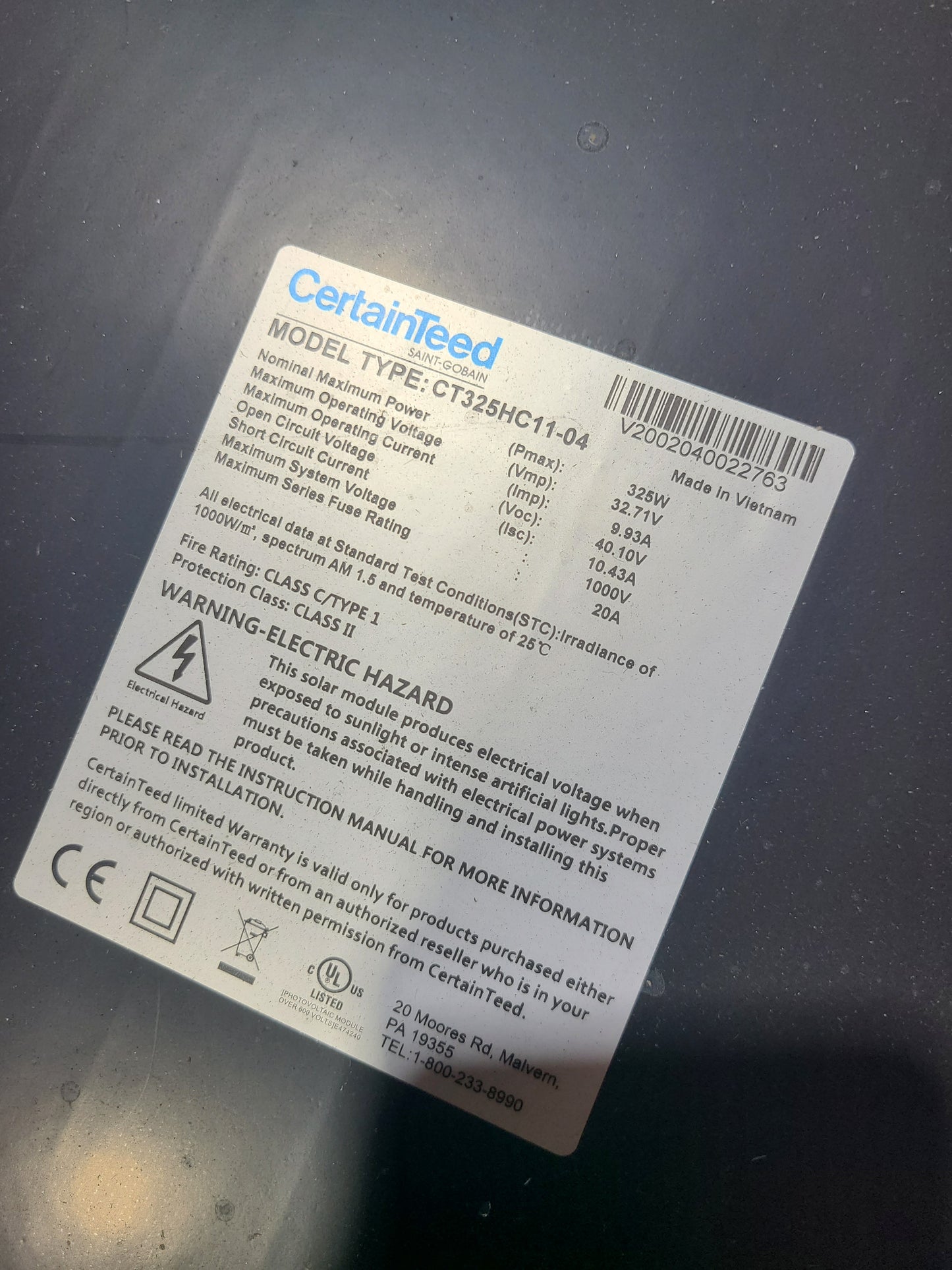 Lot of (10) CertainTeed CT325HC11-04 325W Solar Panels
