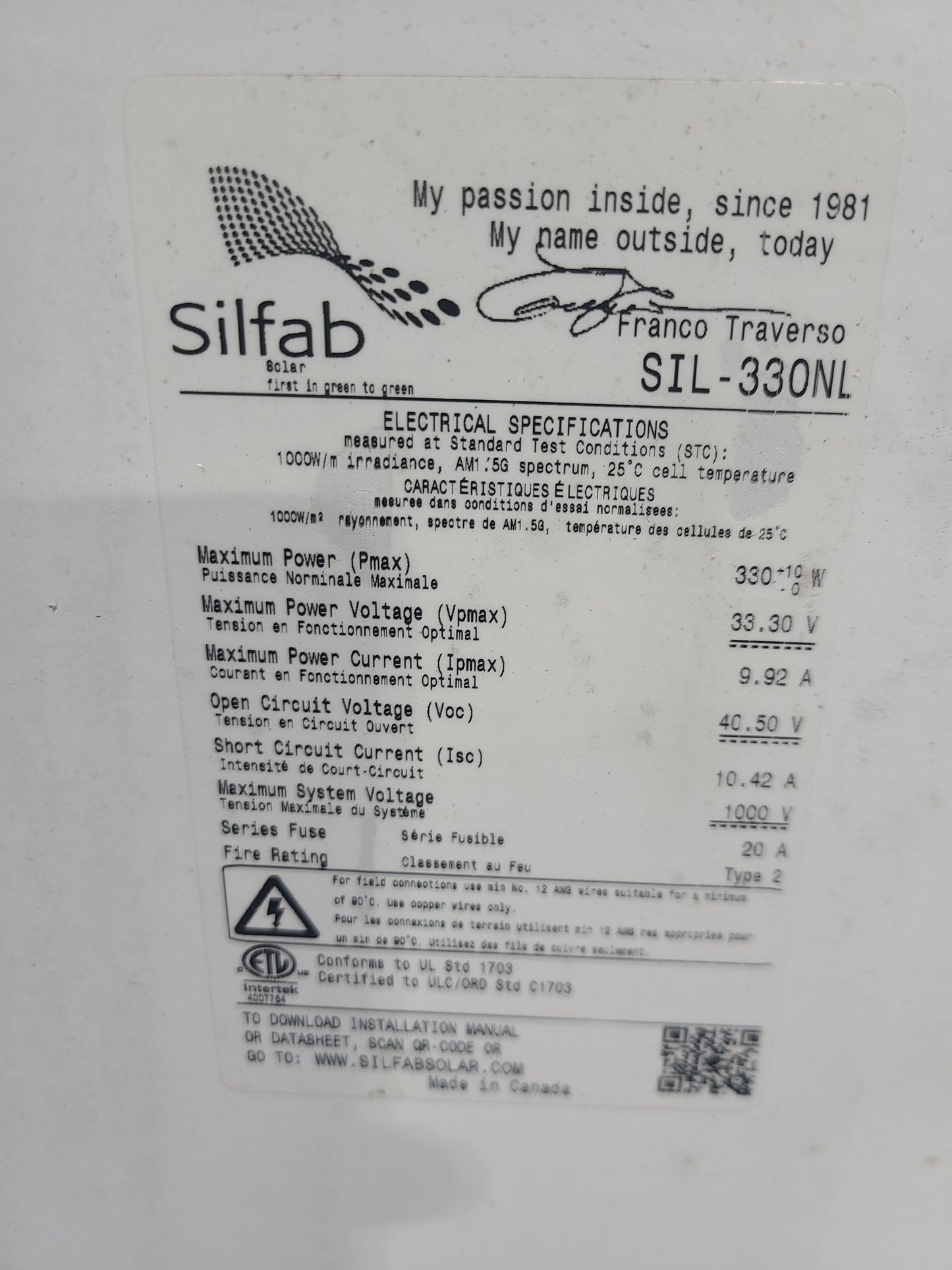 Silfab SIL-330NL 330W Monocrystalline Solar Panel – Black
