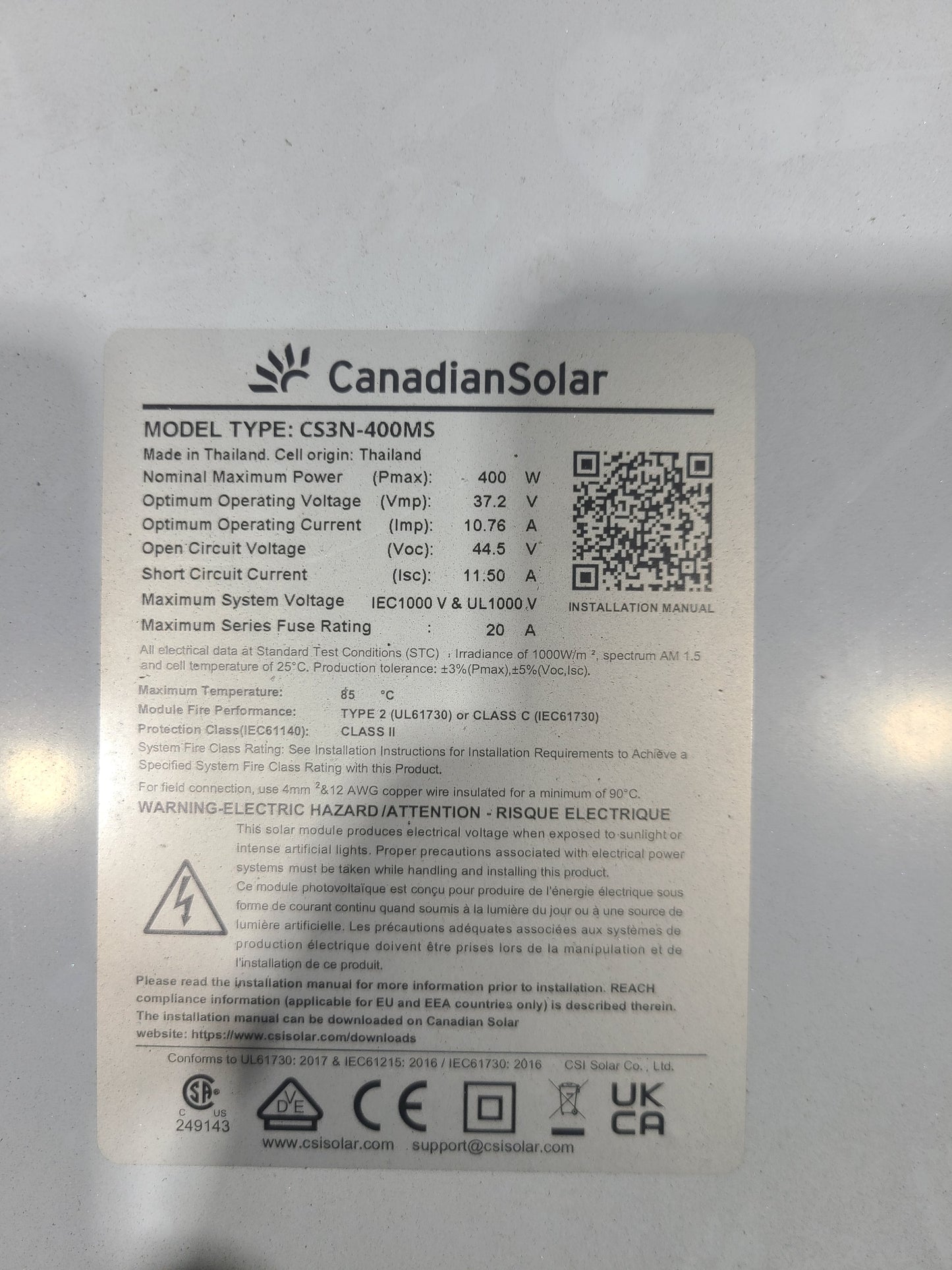 Canadian Solar 400W Monocrystalline Solar Panel CS3N-400MS Lot of 16